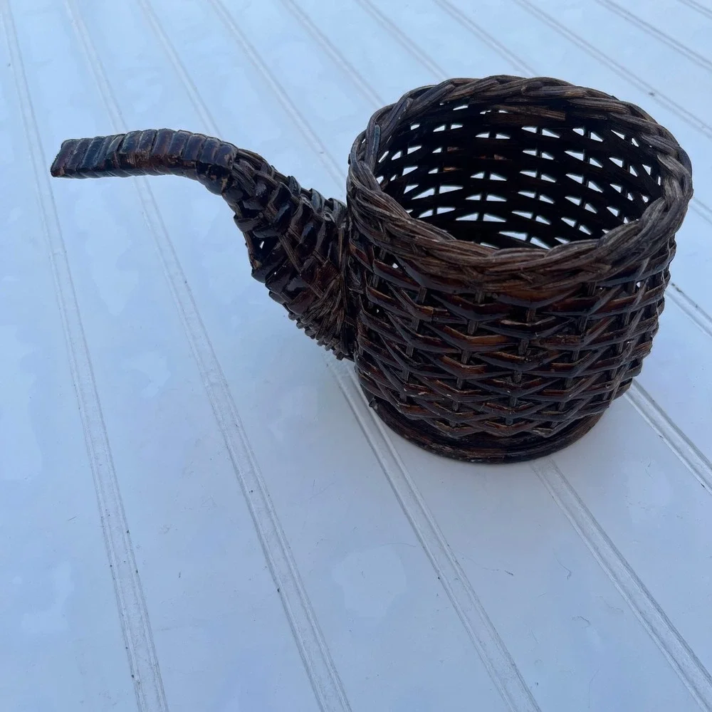Vintage Dark Brown Wicker Smoking Pipe Shaped Basket Novelty Decor Wood Base